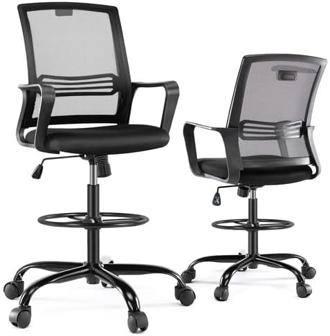 NEW - Drafting Chair, Tall Office Chair with Adjustable Foot Ring, Standing Desk Chair with Ergonomic Lumbar Support and Adjustable Armrests, Swivel Rolling Tall Chair, Breathable Mesh, Height Adjustable - Retail $89