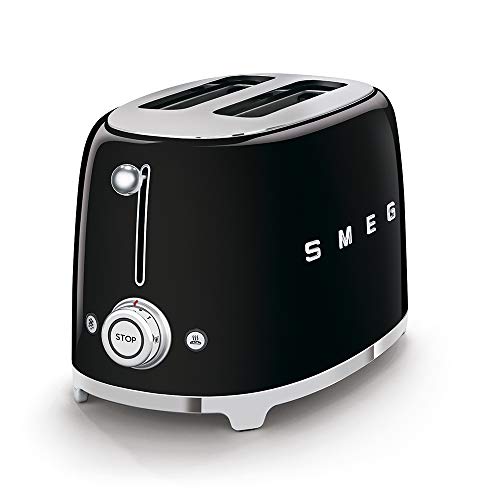 SMEG 4 Slice Toaster TSF02, Long Slot Toaster with Wide Slots for Bagels & Artisan Bread, Retro Stainless Steel, 6 Browning Levels, Defrost Reheat Bagel Functions, 1400W - (Black)