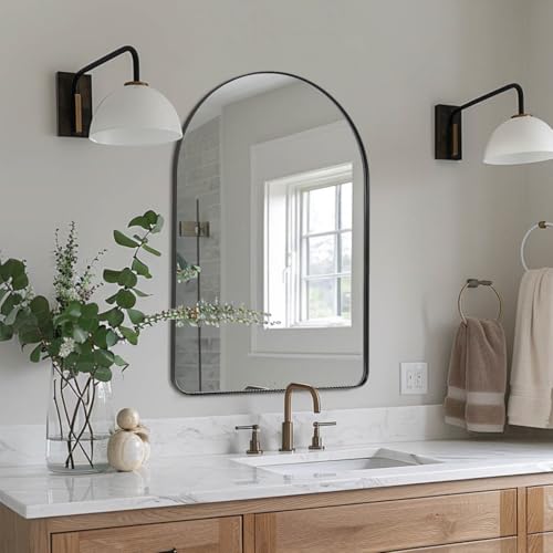 ANDY STAR Arched Mirror, 24" x 38" Black Bathroom Mirror in Stainless Steel Metal Frame, Arch Top Rounded Corner 1" Deep Set Design Wall Mount Hangs Vertical