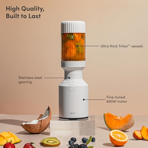 Beast Mighty 850 Plus Personal Blender, XL Vessel, Cloud White, 850W | Smoothies, Shakes, Dressings & Sauces, Blends Ice & Frozen Fruit, Extra Tritan Vessels, Lids & Straws