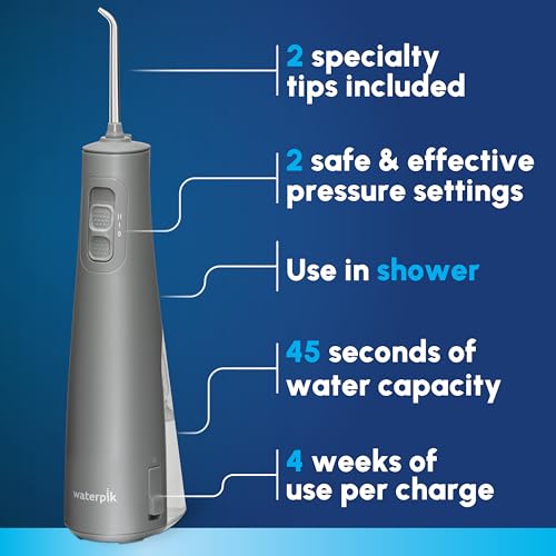 Waterpik Cordless Pulse Rechargeable Portable Water Flosser for Teeth, Gums, Braces Care and Travel with 2 Flossing Tips, Waterproof, ADA Accepted, WF-20 Gray, Packaging May Vary