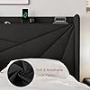 Queen Size Upholstered Bed Frame with Charging Station, Platform Bed Frame, Solid Wood Slats Support, Black