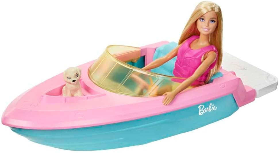 Barbie Doll & Toy Boat Playset with Pet Puppy, Life Vest & Beverage Accessories, Fits 3 Dolls & Floats in Water