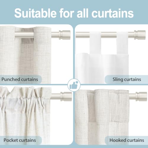 Byondeth Curtain Rods for Windows 16 to 144 Inches Adjustable Length 1 Inch Diameter Window Curtain Rod with Aluminium End Cap, Brushed Nickel