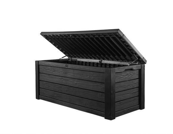 Keter Outdoor Storage Deck Box, 150 Gallon Resin Patio Bin & Bench, Solid, Dark Grey - Retail $160