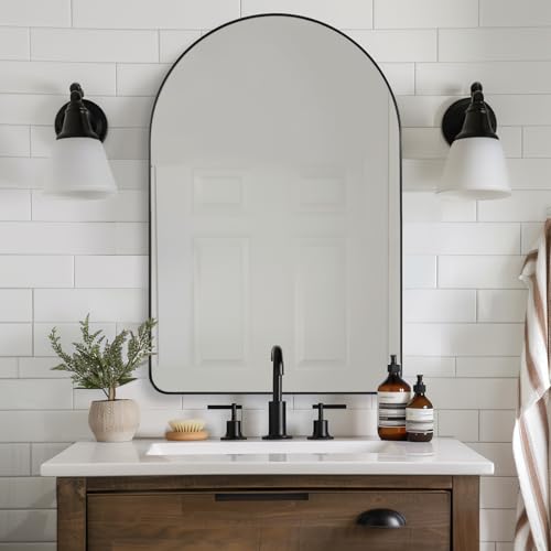ANDY STAR Arched Mirror, 24" x 38" Black Bathroom Mirror in Stainless Steel Metal Frame, Arch Top Rounded Corner 1" Deep Set Design Wall Mount Hangs Vertical