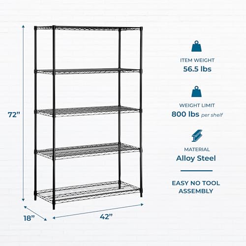 Honey-Can-Do 5-Tier Steel Shelving Unit, 800 lb/Shelf, Black, 42x18x72 in