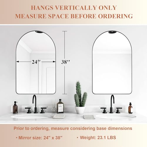 ANDY STAR Arched Mirror, 24" x 38" Black Bathroom Mirror in Stainless Steel Metal Frame, Arch Top Rounded Corner 1" Deep Set Design Wall Mount Hangs Vertical