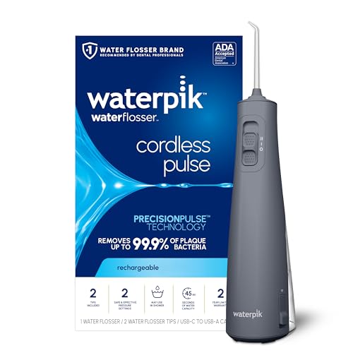 Waterpik Cordless Pulse Rechargeable Portable Water Flosser for Teeth, Gums, Braces Care and Travel with 2 Flossing Tips, Waterproof, ADA Accepted, WF-20 Gray, Packaging May Vary