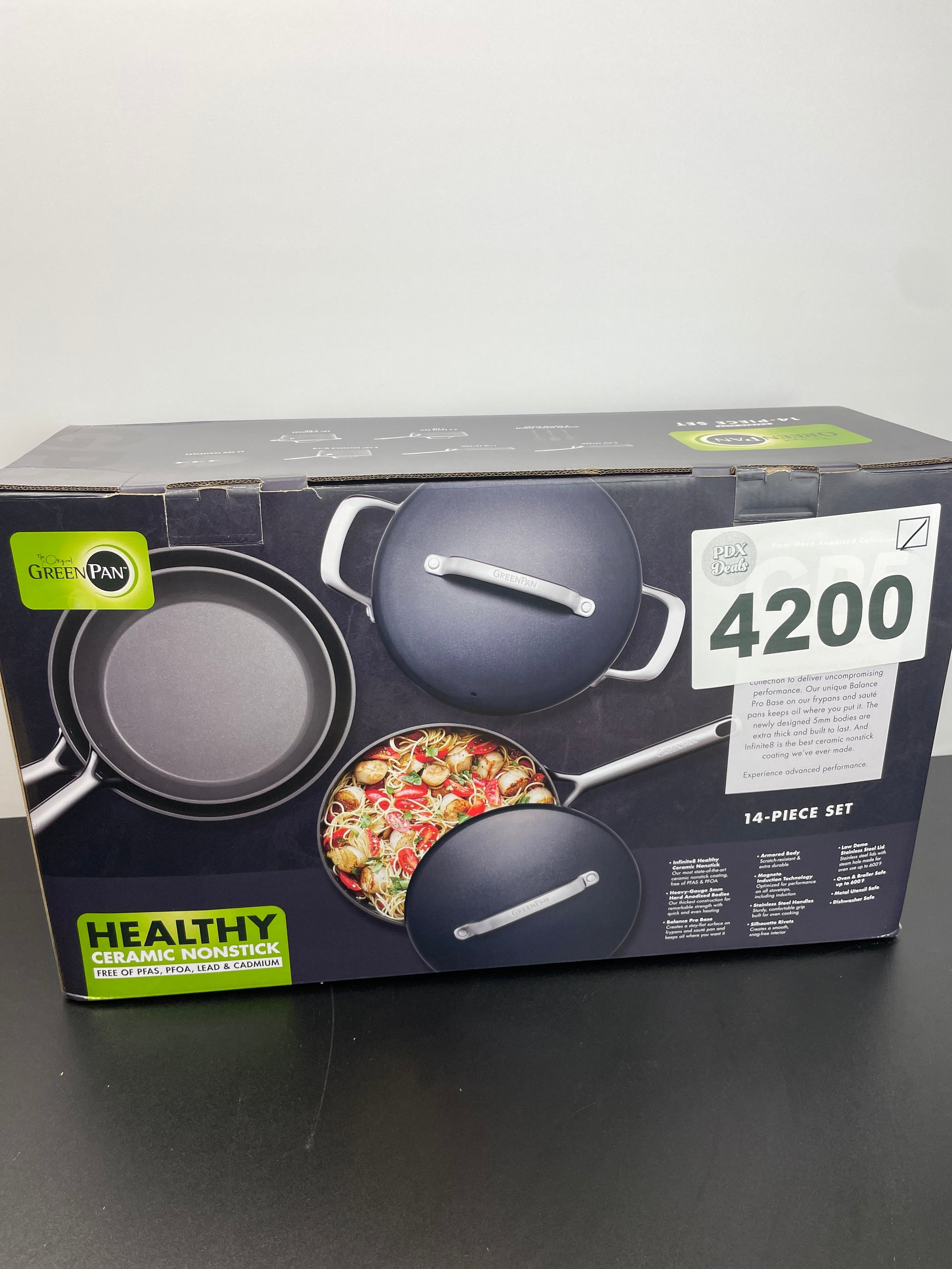 GreenPan GP5 Hard Anodized Healthy Ceramic Nonstick 14 Piece Cookware Pots and Pans Set,Heavy Gauge Scratch Resistant,Stay-Flat Surface, Induction, Mirror Finish Handle,Oven Safe,PFAS-Free, Blue - Retail $479