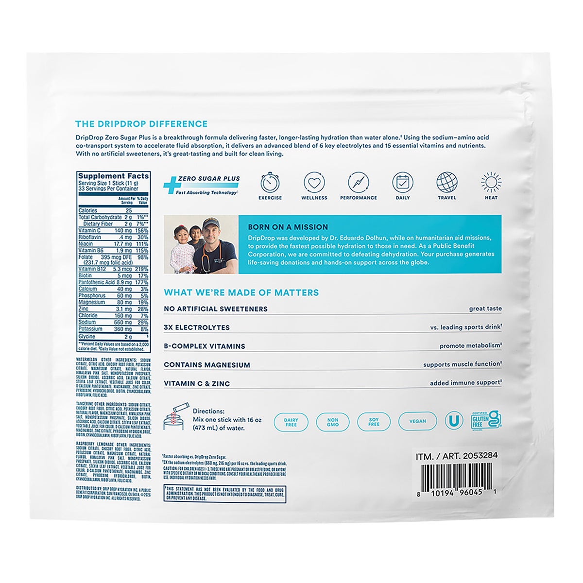 DripDrop Hydration Zero Sugar Plus, 33 Stick Packs in Resealable Pouch, Variety Pack