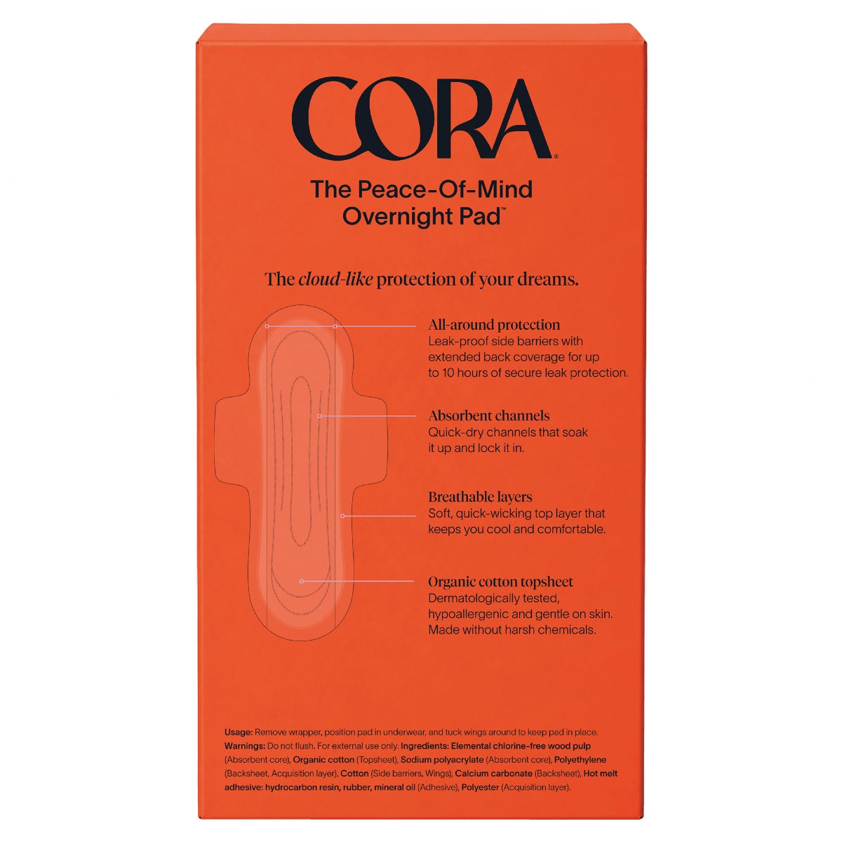 Cora Organic Cotton Overnight Pads, 60-count