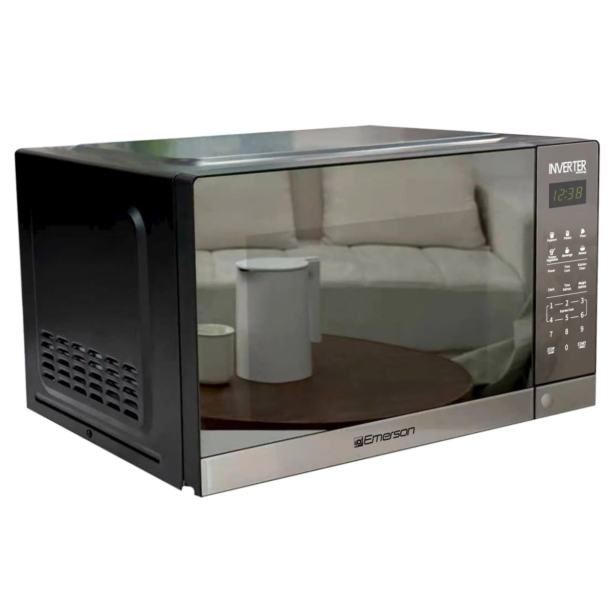 Emerson 1.5 cu. ft., 1100W, Inverter, Touch Control, Stainless Steel, Mirror Finish Countertop Microwave