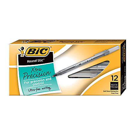 BIC® Round Stic® Ballpoint Pens, Fine Point, 0.8 mm, Translucent Barrel, Black Ink, Pack Of 12 - Retail $4