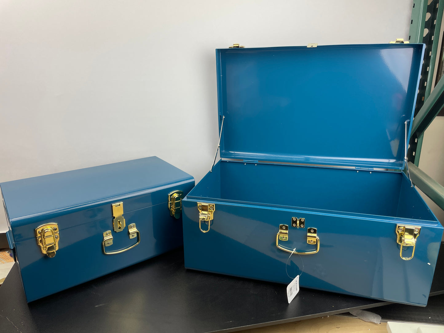 Zanzer Trunk Set - Vintage Style Storage w/Gold Finish Handles & Locks - Space Saving Organizer Home Dorm & Office Use (Blue, 2 Trunks) - Retail $109