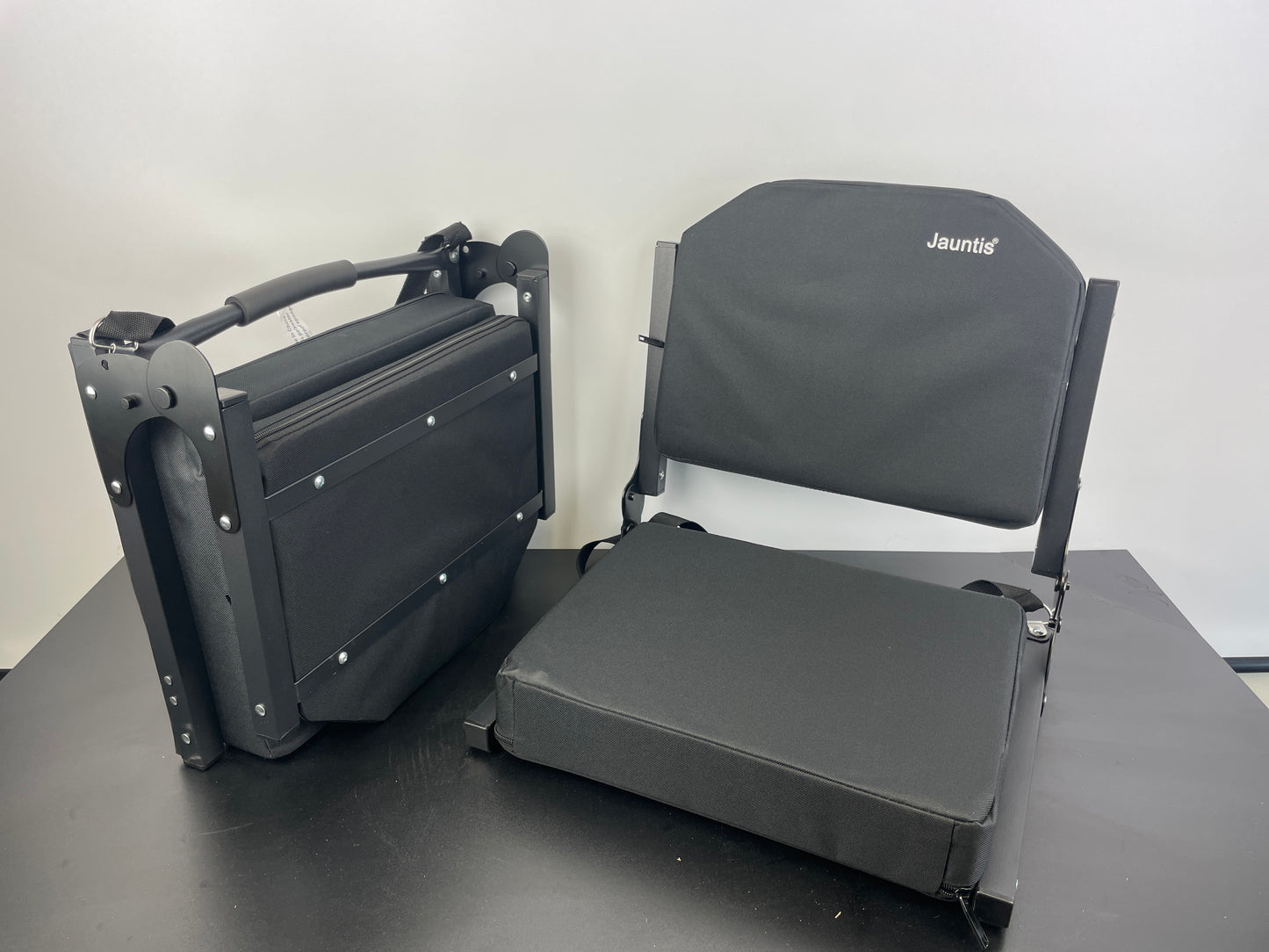 Jauntis Stadium Seats for Bleachers, Bleacher Seats with Ultra Padded Comfy Foam Backs and Cushion, Wide Portable Stadium Chairs with Back Support and Shoulder Strap, 2 Pack, Black - Retail $95