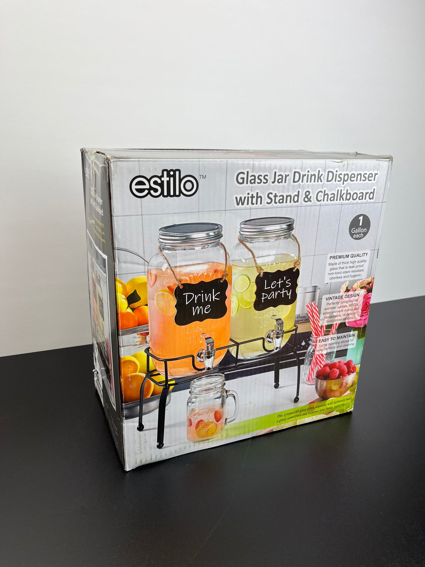 Estilo Glass Drink Dispenser for Parties - Set of 2-1 Gallon Halloween Drink Dispenser with Stand, Glass Water Dispenser Countertop for Weddings, Sun Tea Jar, Lemonade & Laundry Detergent Dispenser - Retail $54