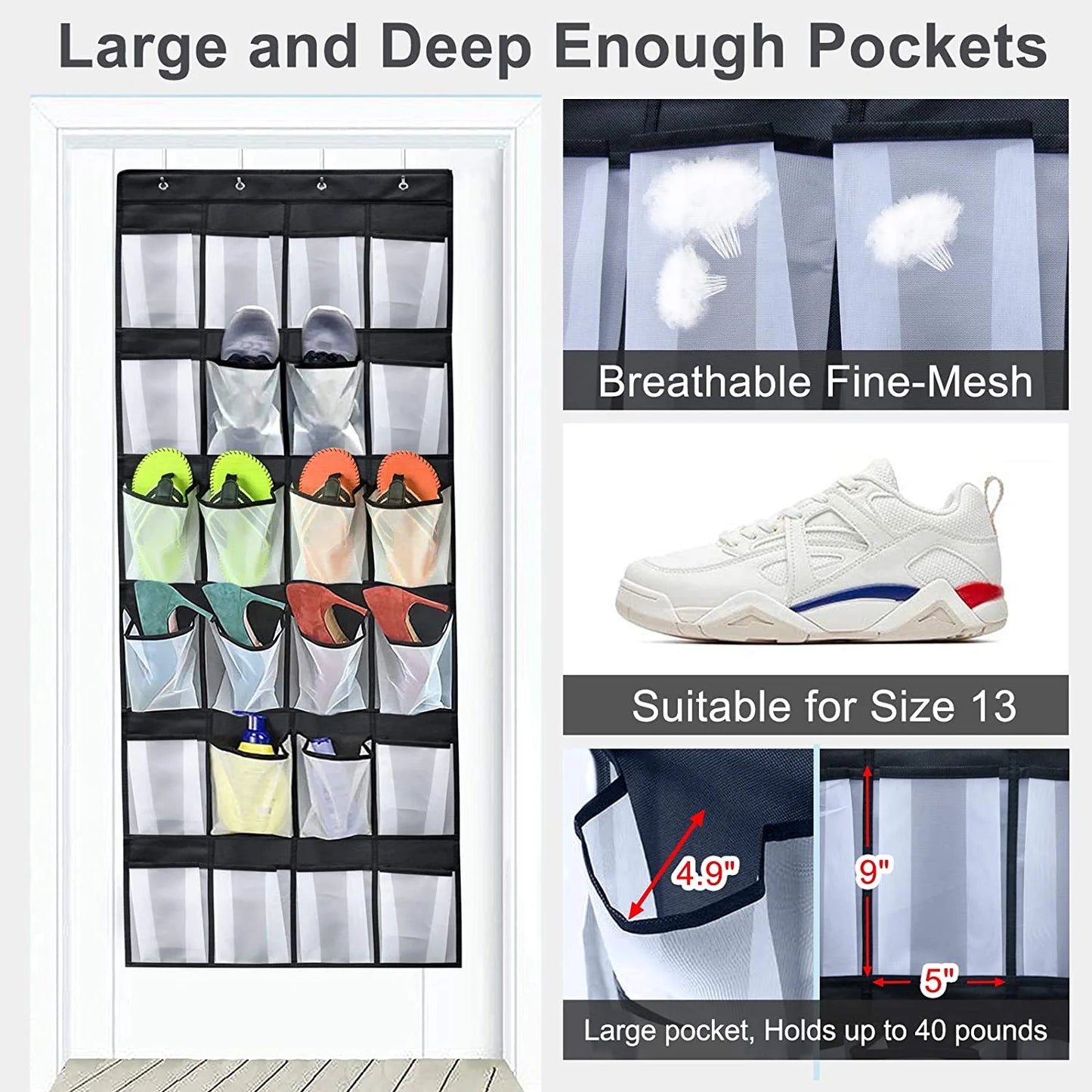 Over The Door Shoe Organizer 24 Mesh Pockets Hanging Shoe Rack