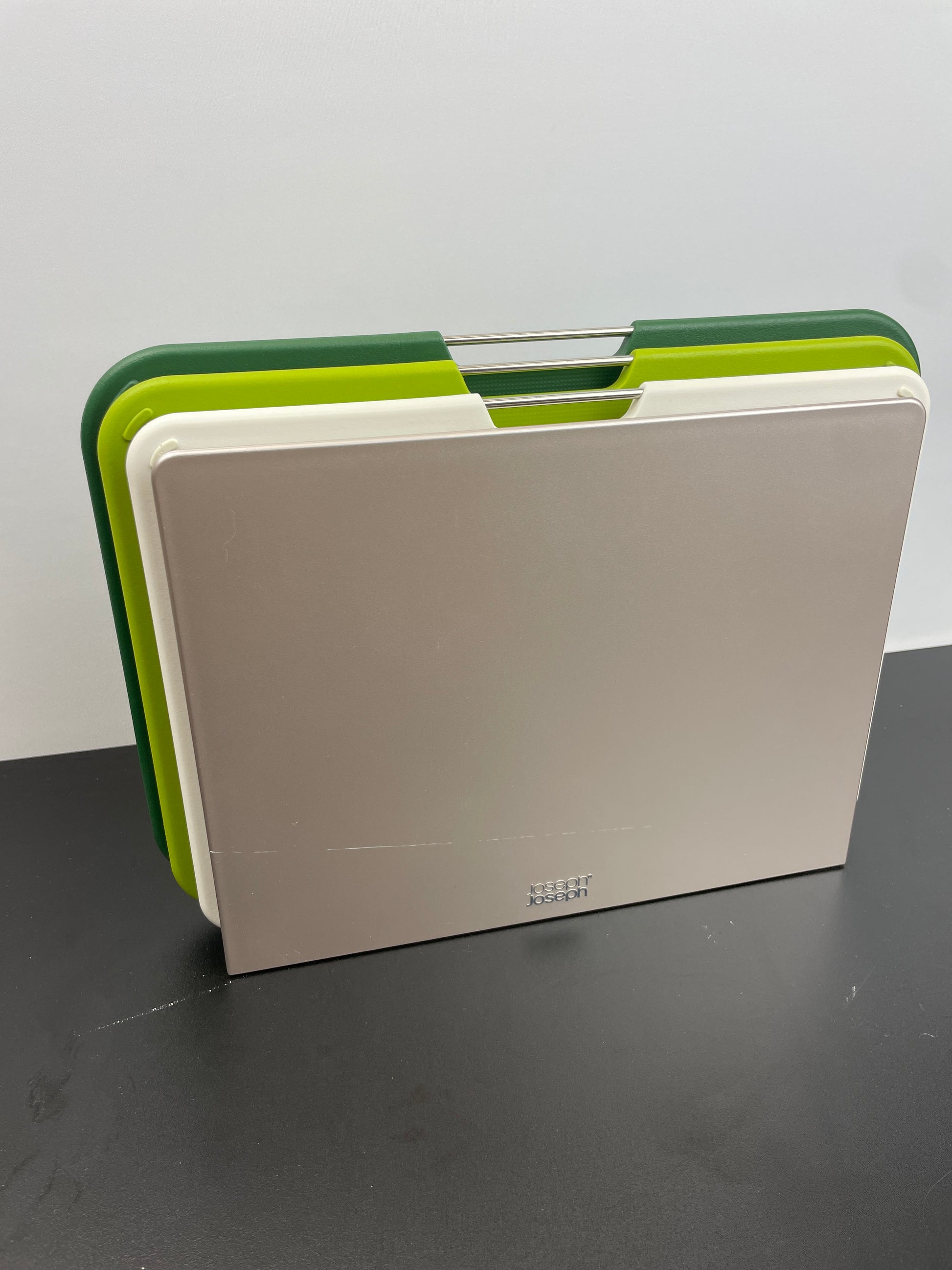 Joseph Joseph Plastic Cutting Board Set with Storage Stand 3 Different Sized Boards - Retail $49
