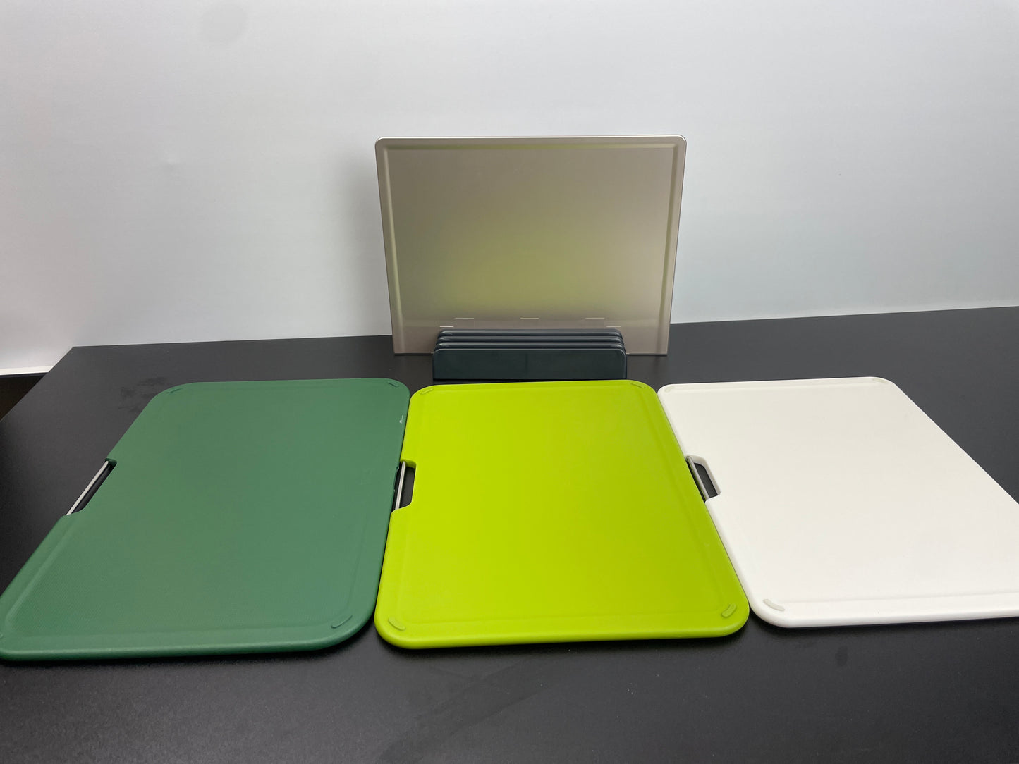 Joseph Joseph Plastic Cutting Board Set with Storage Stand 3 Different Sized Boards - Retail $49