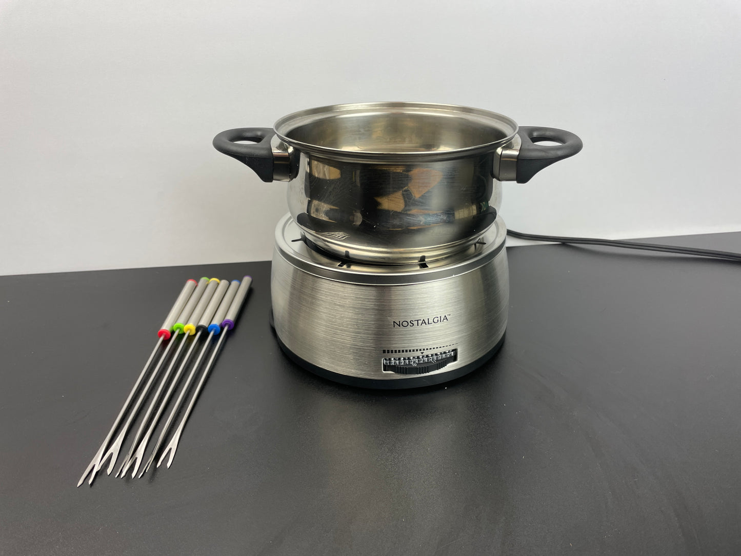 Nostalgia 6-Cup Electric Fondue Pot Set for Cheese & Chocolate - 6 Color-Coded Forks, Adjustable Temperature Control - Stylish Serving for Hors d'Oeuvres, Entrees, and Desserts - Stainless Steel - Retail $37