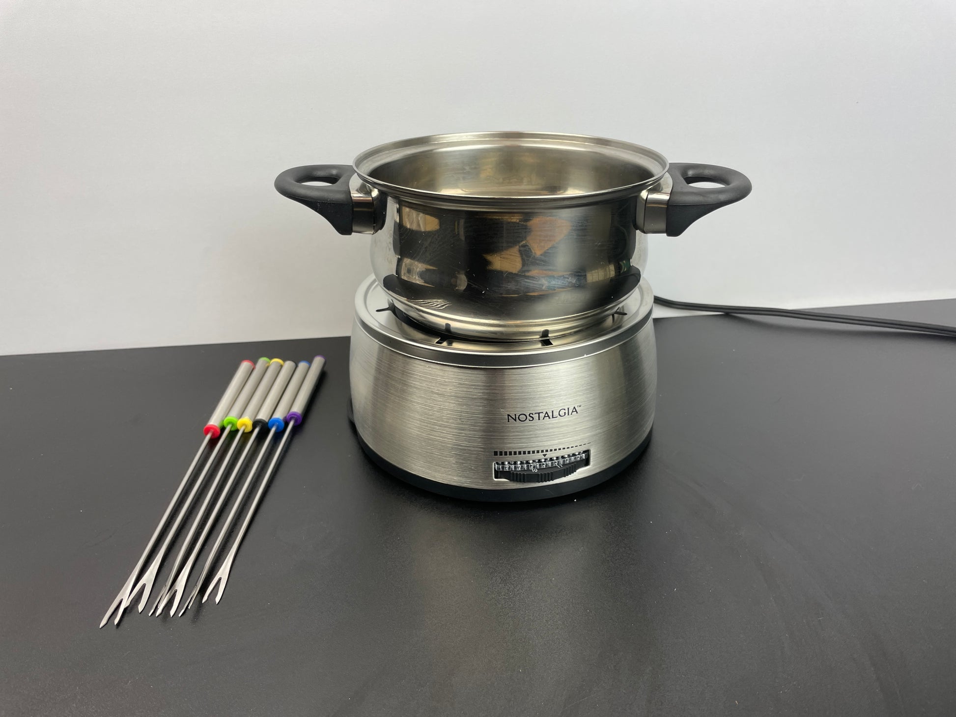 Nostalgia 6-Cup Electric Fondue Pot Set for Cheese & Chocolate - 6 Color-Coded Forks, Adjustable Temperature Control - Stylish Serving for Hors d'Oeuvres, Entrees, and Desserts - Stainless Steel - Retail $37