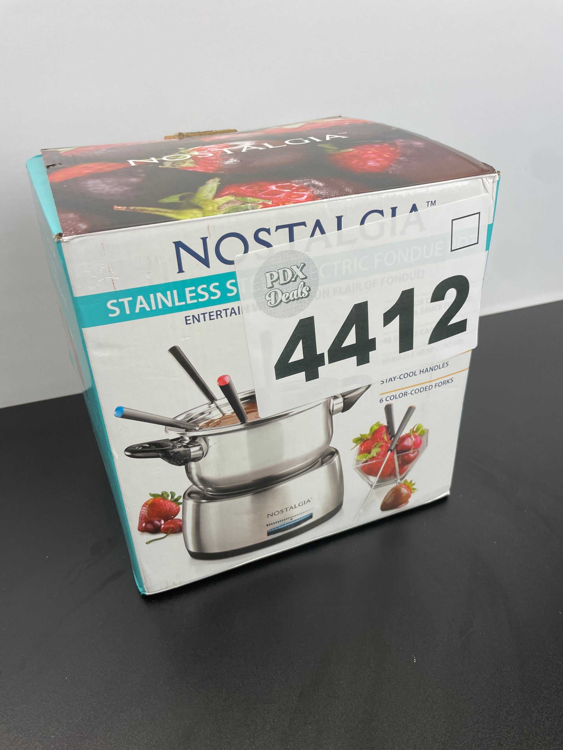 Nostalgia 6-Cup Electric Fondue Pot Set for Cheese & Chocolate - 6 Color-Coded Forks, Adjustable Temperature Control - Stylish Serving for Hors d'Oeuvres, Entrees, and Desserts - Stainless Steel - Retail $37