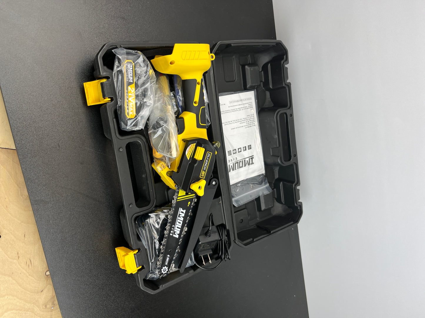 Mini Chainsaw Cordless 6'' with 2Ã—21V Battery, IMOUMLIVE Brushless Powerful Electric Small Hand Portable Chain Saw with Auto Oiler, Lightweight, 2.2 lbs, Handheld, Easy For Pruning, Cutting, Trimming - Retail $78