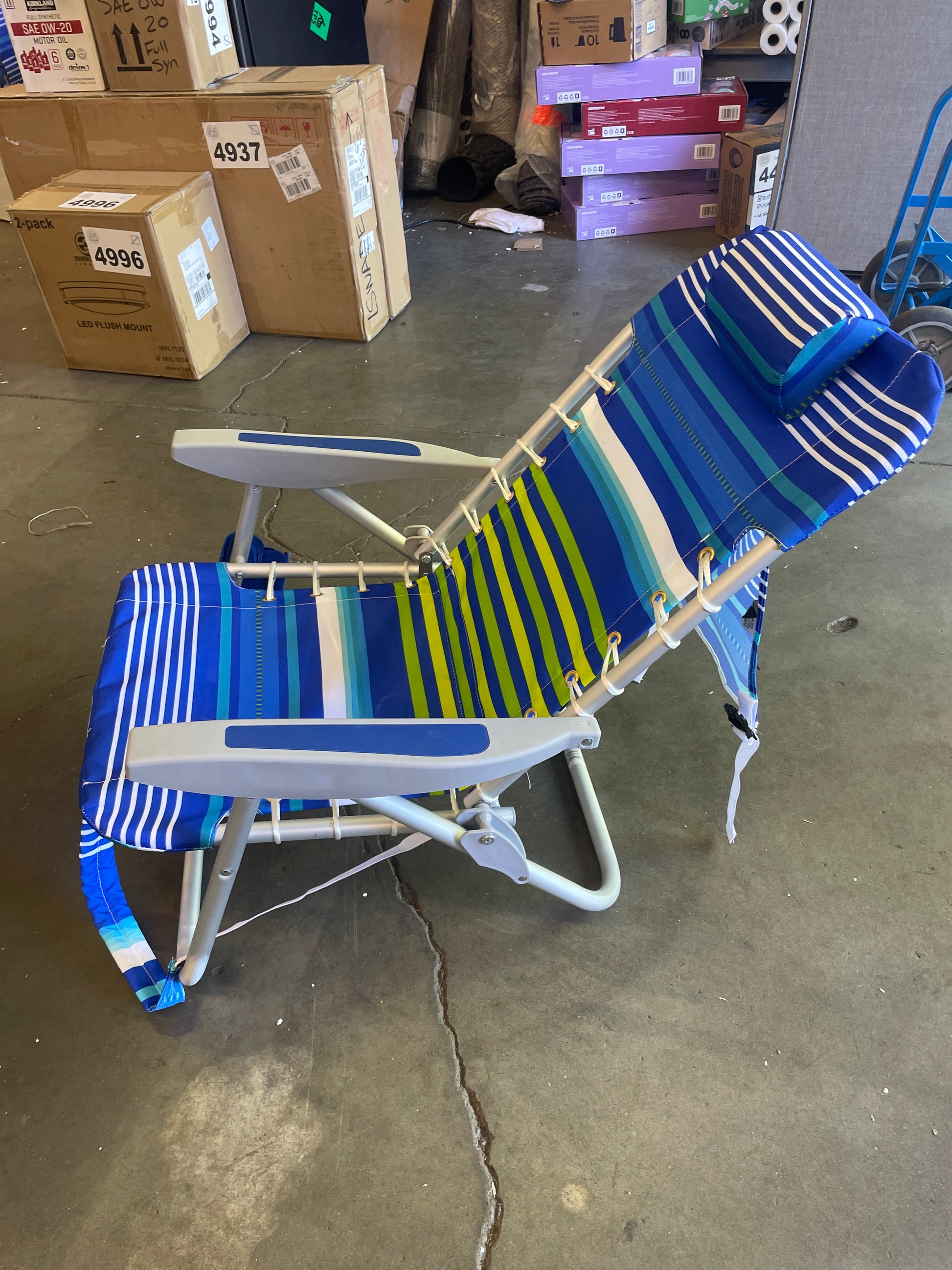 Rio Brands Beach 4-PRio Beach 4-Position Backpack Lace-Up Suspension Folding Beach Chair - Blue/Green Stripe , 24" x 24.75" x 33" - Retail $60