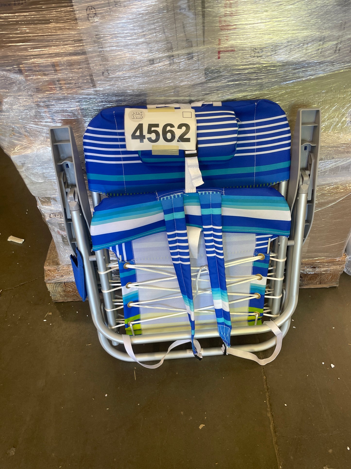 Rio Brands Beach 4-PRio Beach 4-Position Backpack Lace-Up Suspension Folding Beach Chair - Blue/Green Stripe , 24" x 24.75" x 33" - Retail $60