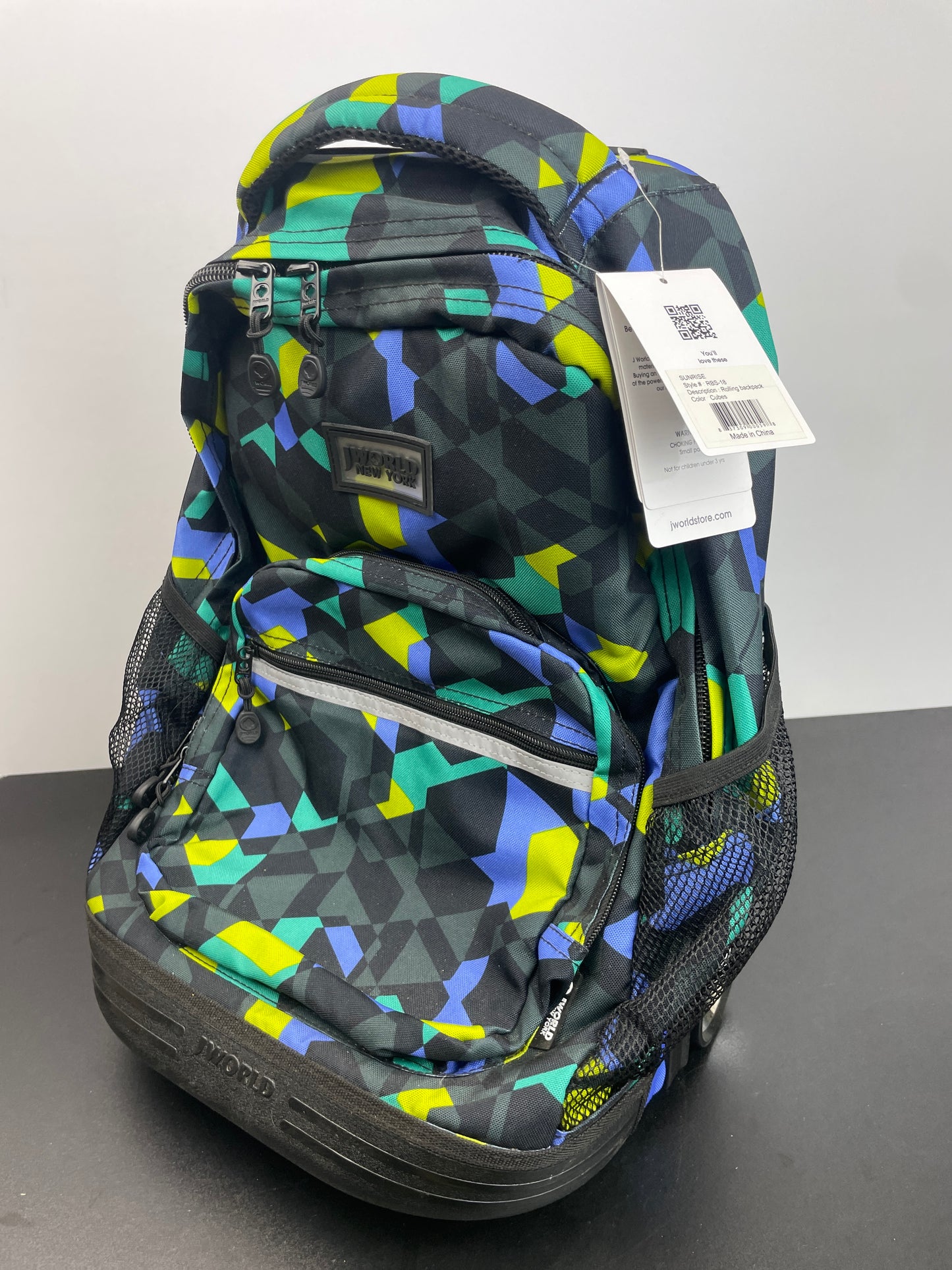 J World New York Sunrise Kids Rolling Backpack for Girls Boys Teen. Roller Bookbag with Wheels, Cubes, 18" - Retail $56
