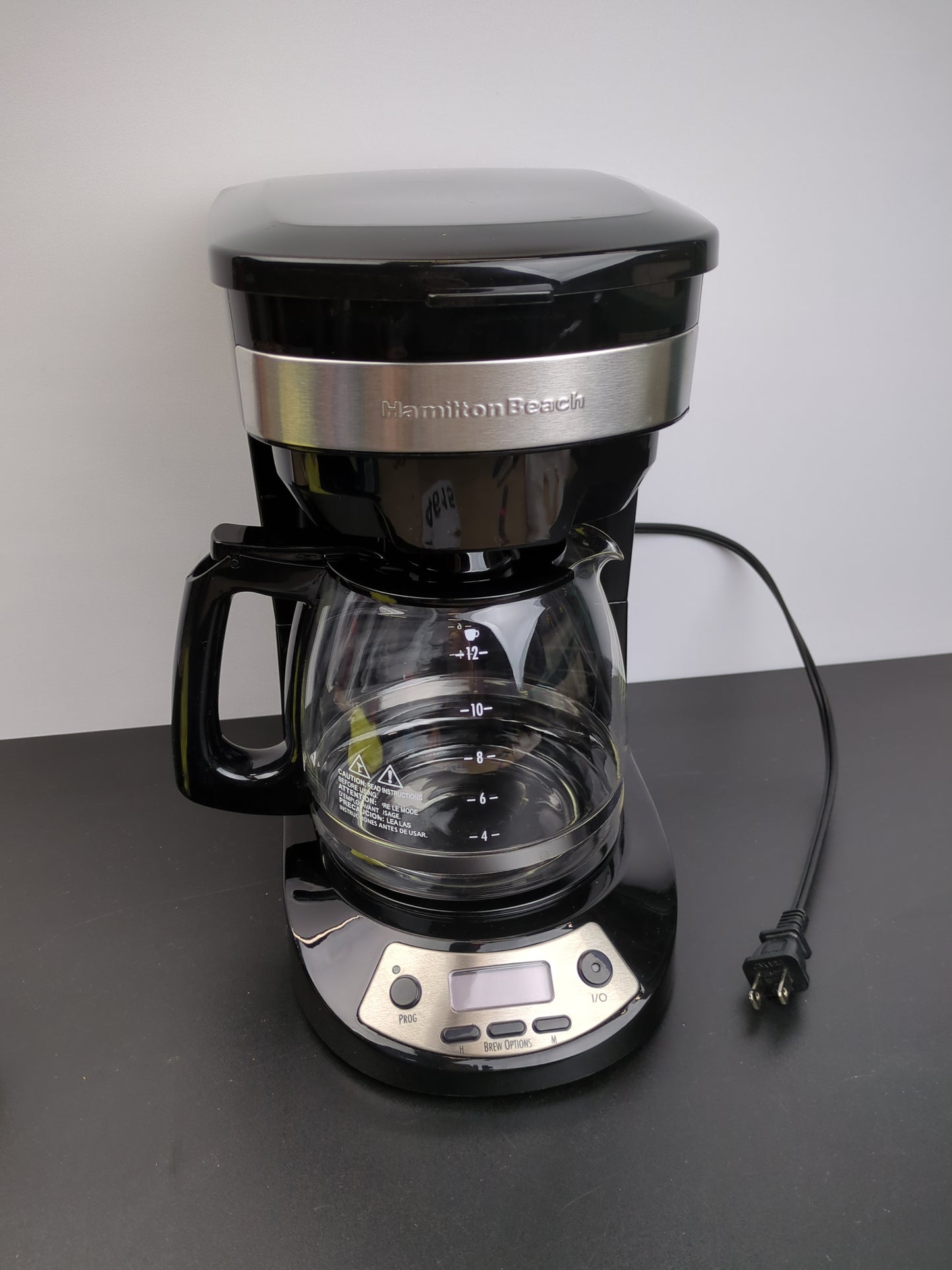 Hamilton Beach 12 Cup Programmable Drip Coffee Maker with 3 Brew Options, Glass Carafe, Auto Pause and Pour, Black with Stainless Accents (46299) - Retail $39