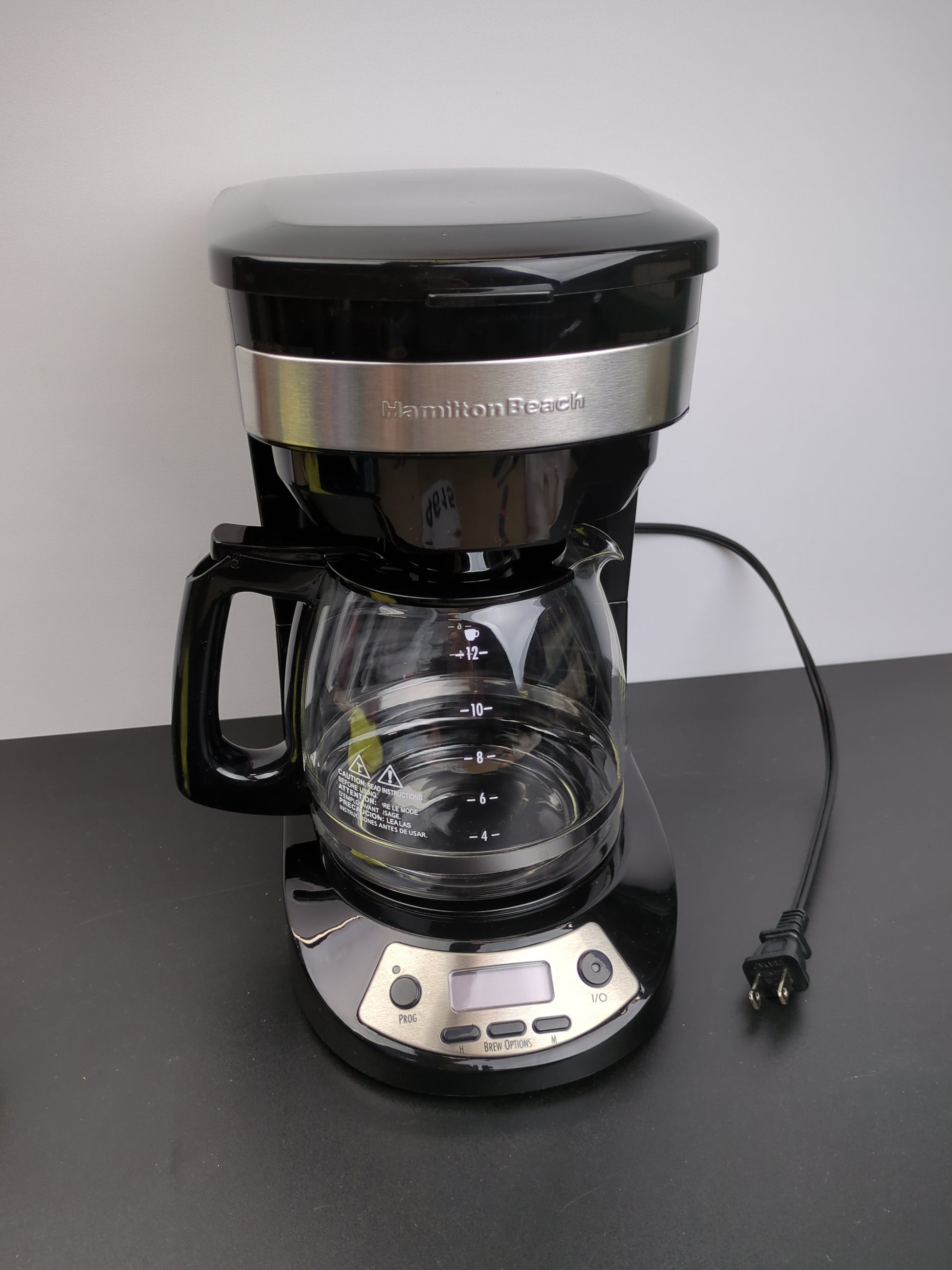 Hamilton Beach 12 Cup Programmable Drip Coffee Maker with 3 Brew Options, Glass Carafe, Auto Pause and Pour, Black with Stainless Accents (46299) - Retail $39