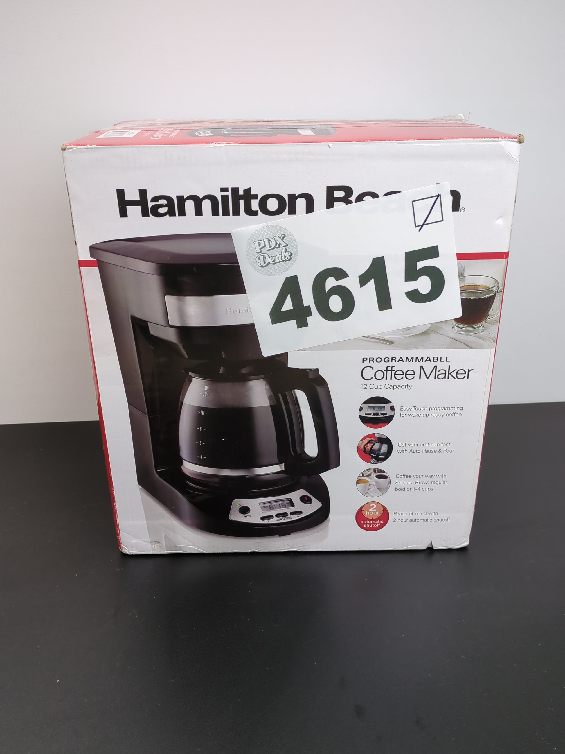 Hamilton Beach 12 Cup Programmable Drip Coffee Maker with 3 Brew Options, Glass Carafe, Auto Pause and Pour, Black with Stainless Accents (46299) - Retail $39