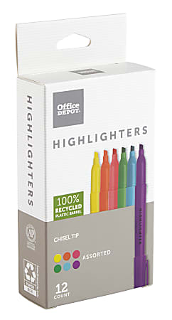 Office Depot® Brand Pen-Style Highlighters, 100% Recycled Plastic Barrel, Assorted Colors, Pack Of 12