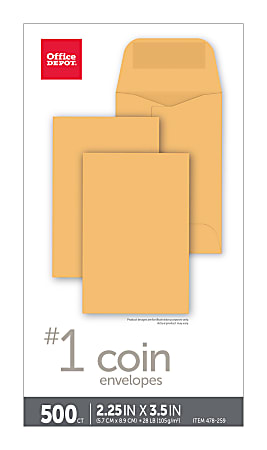 Office Depot® Brand Coin Envelopes, 2-1/4" x 3-1/2", Gummed Seal, Manila, Box Of 500