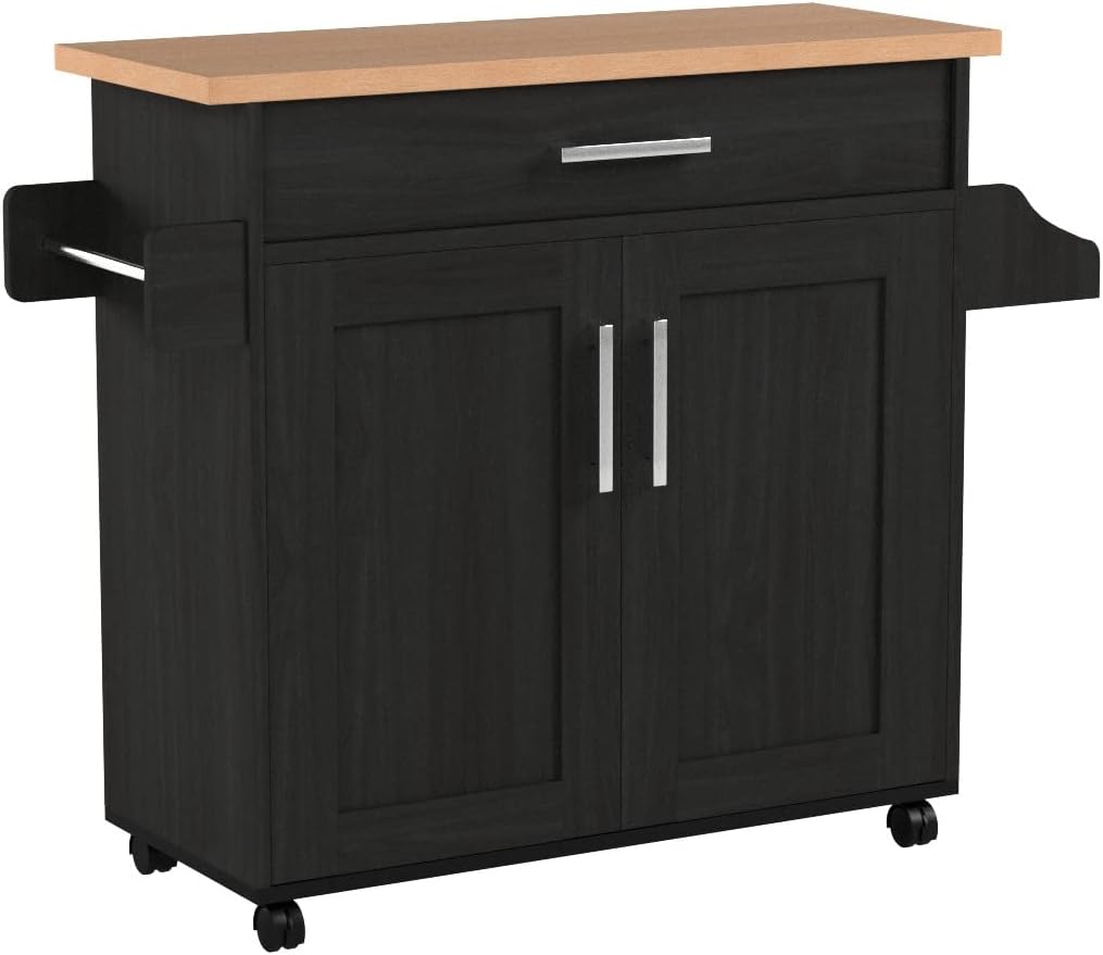 Hodedah Kitchen Island with Spice Rack, Towel Rack & Drawer, Black with Beech Top - Retail $95