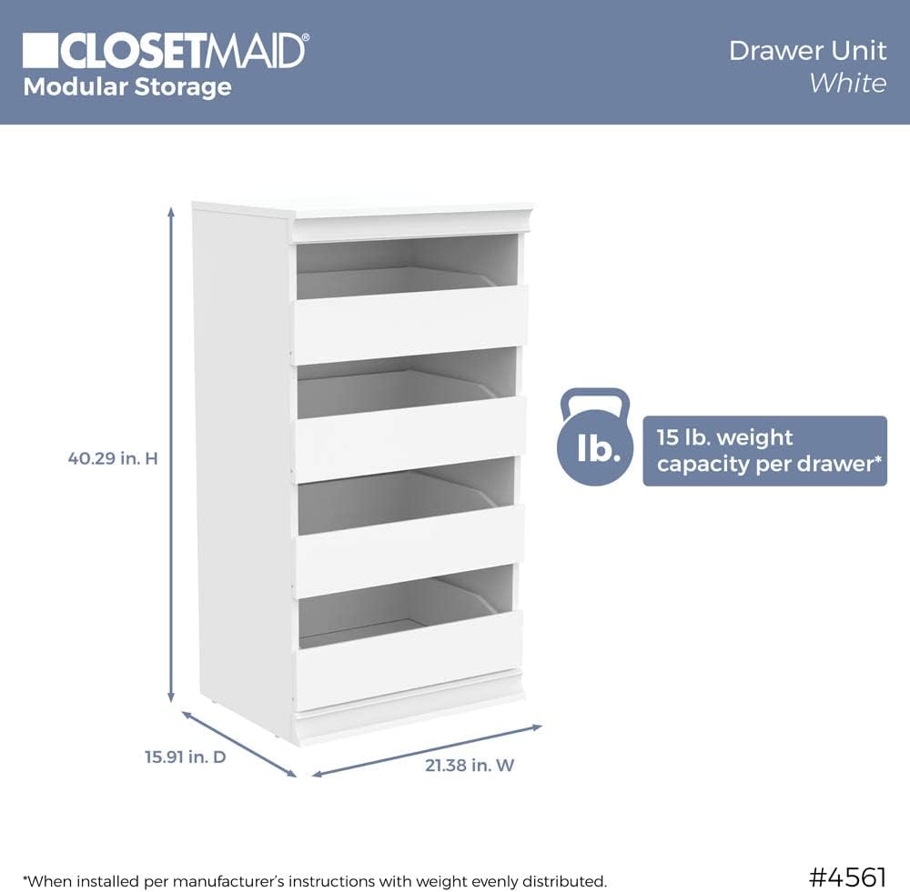 NEW - ClosetMaid Modular Storage Unit with 4 Drawers, Wood Closet Organizer, Stacking, Full Backer, Storage, Decorative Trim, White - Retail $113