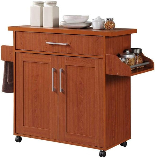 NEW - Hodedah Kitchen Island with Spice Rack, Towel Rack & Drawer, Cherry - Retail $74