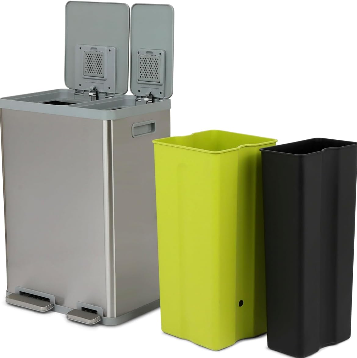 Simpli-Magic 60 Liter / 16 Gallon Rectangular Hands-Free Dual Compartment Recycling Kitchen Step Trash Can with Soft-Close Lid, Brushed Stainless Steel (38L x 22L Capacity)