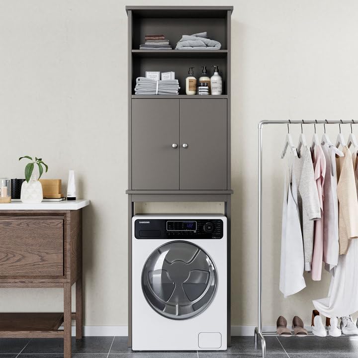 Shintenchi Over The Toilet Storage Cabinet, Bathroom Above The Toilet Rack, Bathroom Adjustable Shelf Organizer with Open Bottom Bar and Anti-Tip Device, Gray