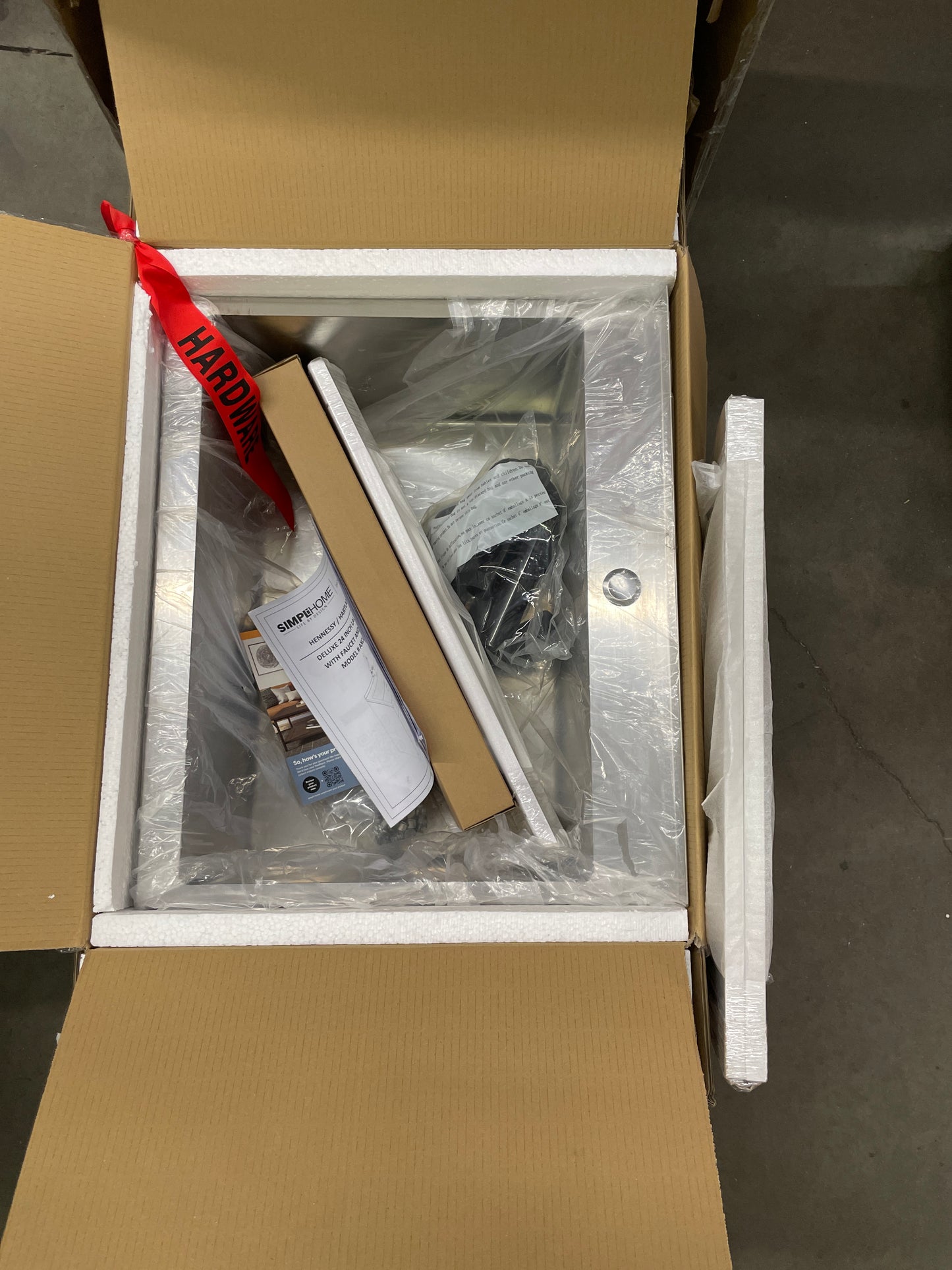 SIMPLIHOME Hennessy Contemporary 24 Inch Deluxe Laundry Cabinet with Faucet and Stainless Steel Sink in Pure White, For the Laundry Room and Utility Room - Retail $499