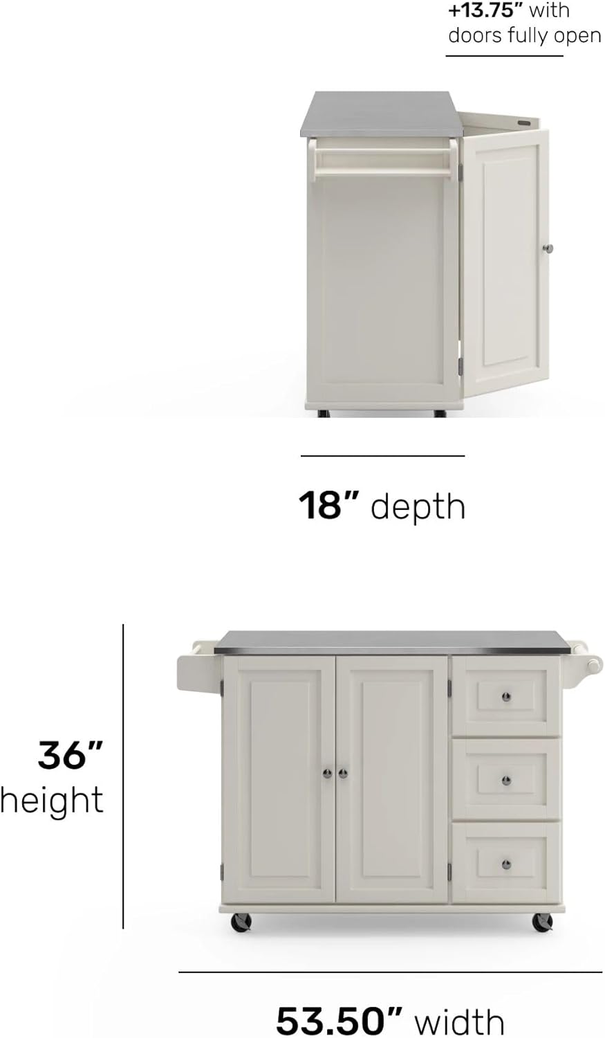 Homestyles Kitchen Cart with Stainless Steel Metal Top Rolling Mobile Kitchen Island with Storage and Towel Rack 54 Inch Width Off White - Retail $246