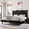 Queen Size Upholstered Bed Frame with Charging Station, Platform Bed Frame, Solid Wood Slats Support, Black