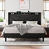 Queen Size Upholstered Bed Frame with Charging Station, Platform Bed Frame, Solid Wood Slats Support, Black