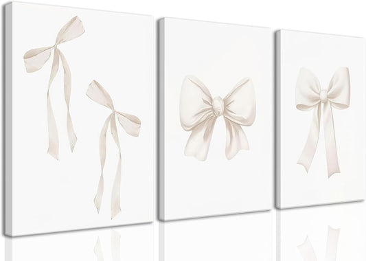 Djmwtb Preppy Bow Canvas Wall Art Beige Coquette Poster Prints Set of 3 Girly Apartment Aesthetic Pictures College Dorm Painting Decor for Girls Bedroom 16x24in Framed