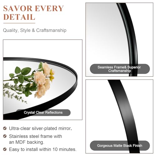 ANDY STAR Arched Mirror, 24" x 38" Black Bathroom Mirror in Stainless Steel Metal Frame, Arch Top Rounded Corner 1" Deep Set Design Wall Mount Hangs Vertical