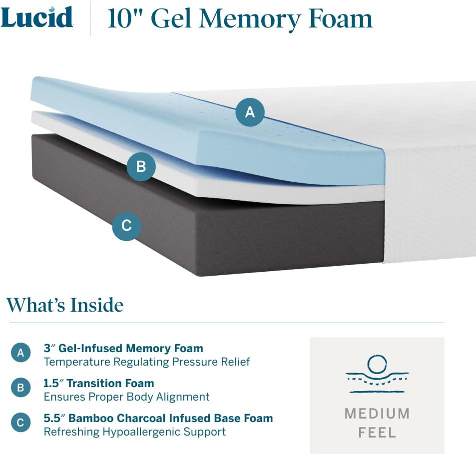 NEW - LUCID 10 Inch QUEEN Memory Foam Mattress - Medium Feel - Bamboo Charcoal and Gel Infusion - Hypoallergenic - Bed in a Box - Temperature Regulating - Pressure Relief - Breathable - Queen Size - Retail $339