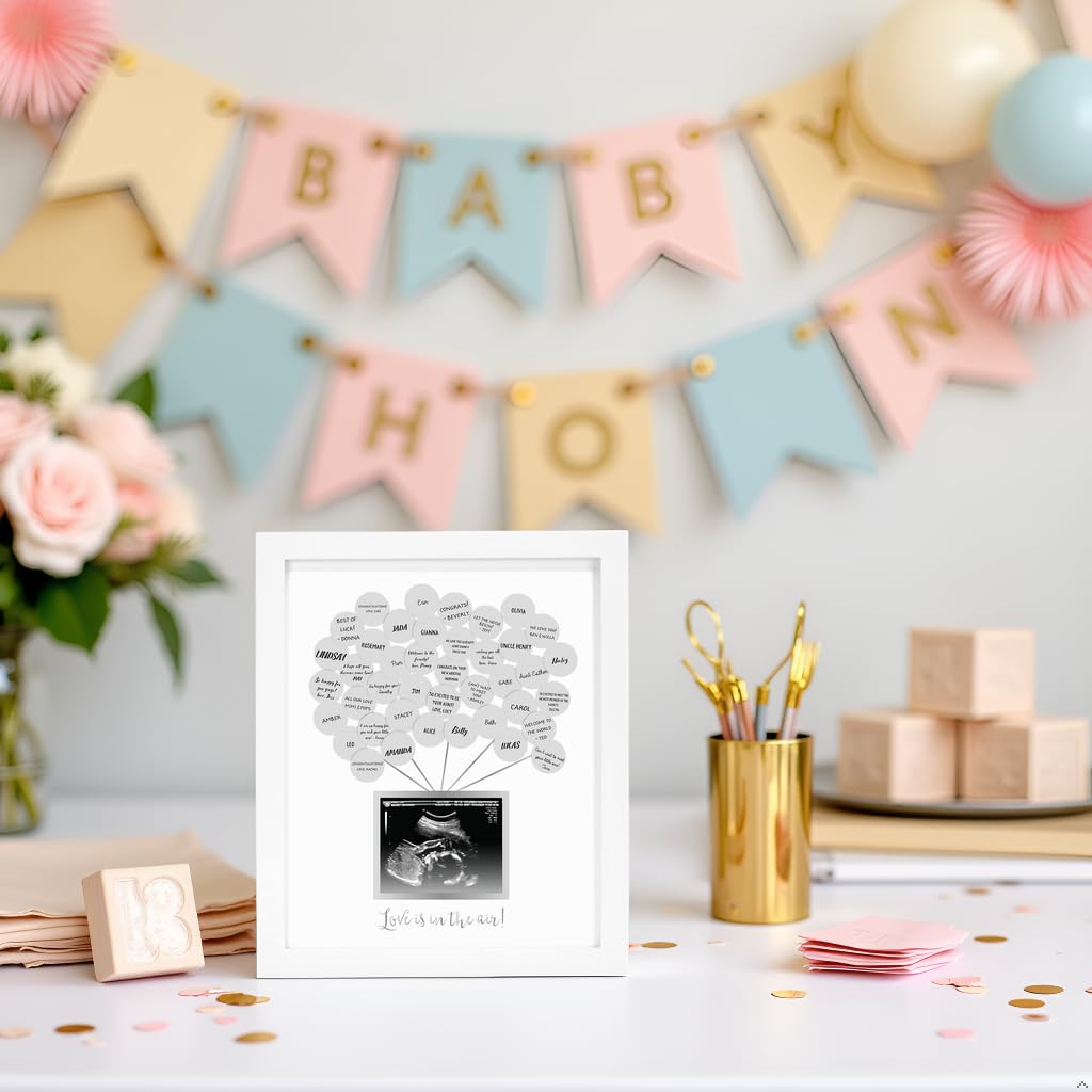 Pearhead Baby Shower Signature Guest Book & Sonogram Keepsake Picture Frame with 50 Balloon Stickers, Alternative Guestbook Idea, 5” x 4” Photo Insert, White
