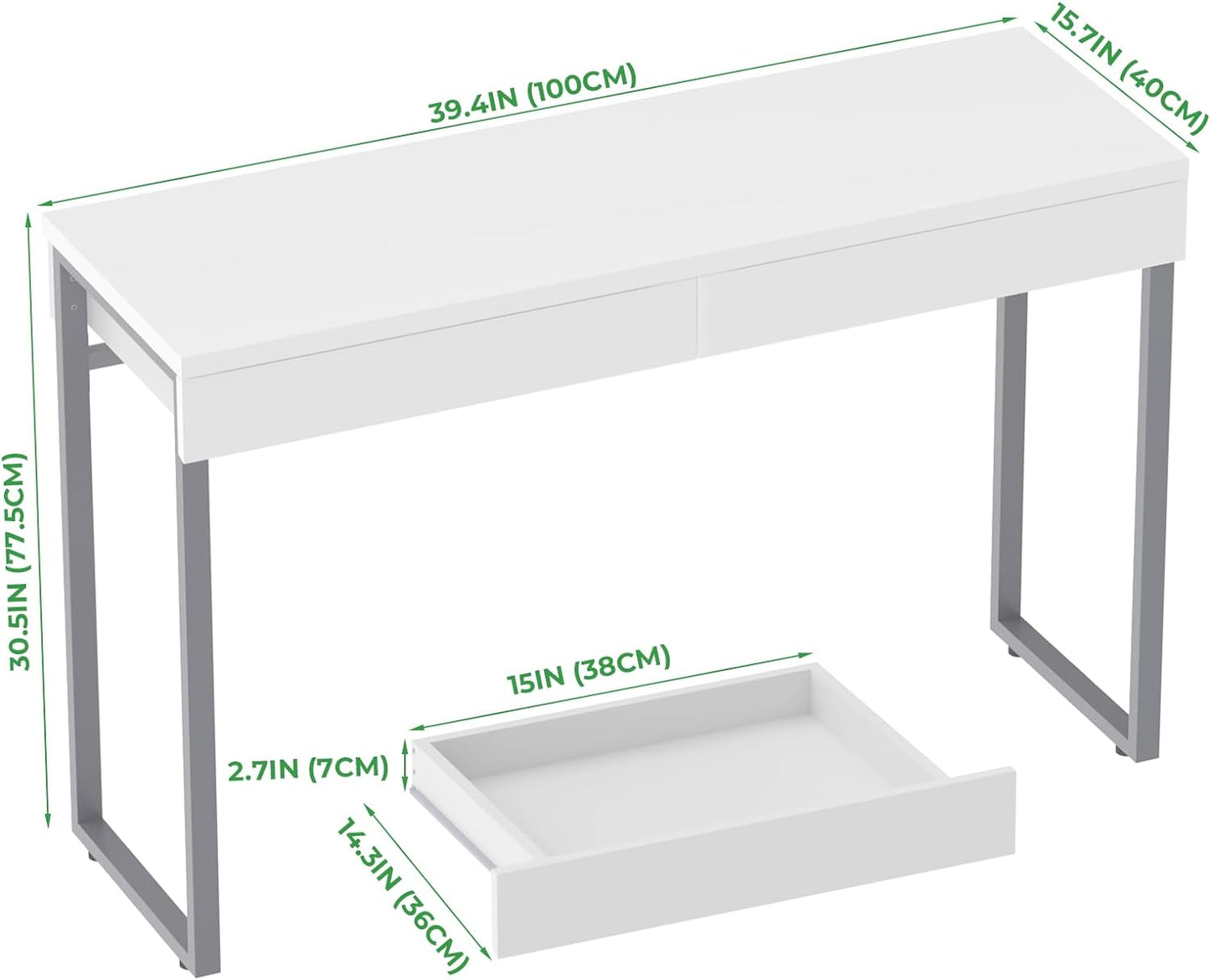 NEW w/ dmg - GreenForest Vanity Desk with 2 Drawers Glossy White 39 inch Modern Home Office Computer Desk Makeup Dressing Console Table with Metal Silver Legs for Small Spaces,Silver - Retail $159